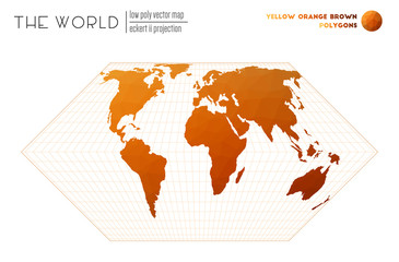 Abstract world map. Eckert II projection of the world. Yellow Orange Brown colored polygons. Amazing vector illustration.