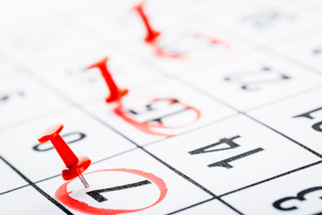 Fototapeta premium 2020 calendar page marked with an important date in red pin. timeline, time, concept, idea, management