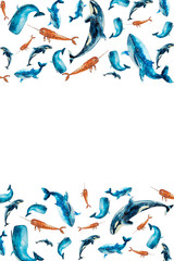 Watercolor vertical frame with whales isolated on white. Sketched colorful set, groups, garland with adriatics for postcards, invitations design.