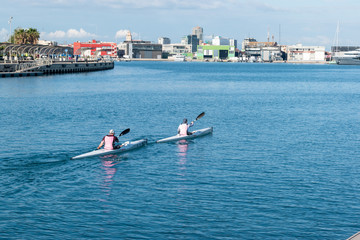 Paddlers in kayaks in the morning in the port