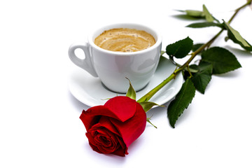 Coffee and rose with petals for valentines day