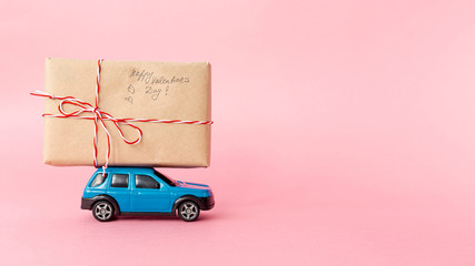 Front view of present on car with copy space for valentines day
