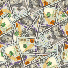 Illustration seamless pattern. Randomly scattered US $ 100 banknotes