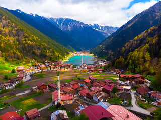 Aerial view to the Uzungol lake natural lake in mountain in city of Trabzon Turkey