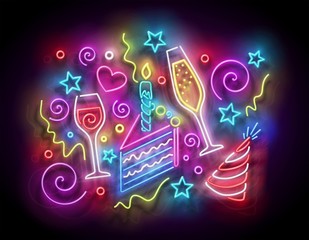 Fototapeta premium Glow Piece of Cake with Candle, Confetti, Champagne and Holiday Hat