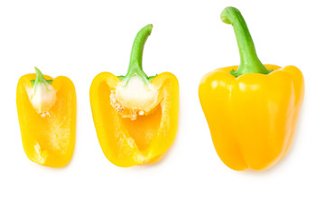 yellow sweet bell peppers with slices isolated on white background. top view