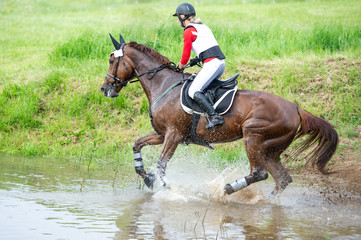 Eventing: equestrian rider jumping over an a log fence obstacle