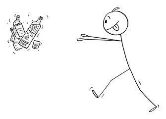 Vector cartoon stick figure drawing conceptual illustration of addicted man trying to get bottles of hard liquor or alcohol.