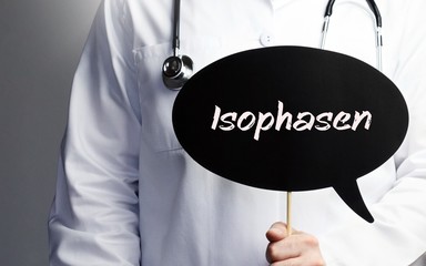 Isophasen. Arzt mit Stethoskop hält Sprechblase in Hand. Text steht im Schild. Gesundheitswesen,...