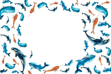 Watercolor horizontal frame with whales isolated on white. Sketched colorful set, groups, garland with adriatics for postcards, invitations design.