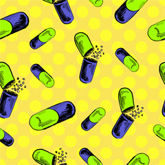 Doodle style seamless background pattern with pharmaceutical pills. Vector format.