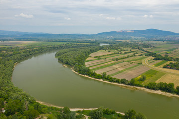 Fototapeta na wymiar Establishing aerial view of Danube river in summer.
