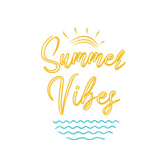 Obraz premium Summer Vibes logo with abstract sun and sea waves design. Vector Illustration for summertime banner, label, poster, flyer.