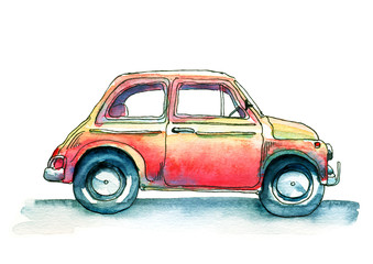 Vintage car, funny cartoon watercolor sketch of old red retro car
