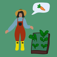 Hand-drawn illustrations, farm plant growing. Illustrations showing the planting of plants in the spring on the farm. People on a farm in boots. People in nature. Do not stay at home. Relax Unity with