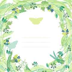 Isolated on white vector floral round frame in green color with butterflies and dragonfly