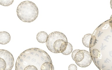 Bitcoin economic financial bubble. crypto currency 3D illustration. Business concept. Gold bubbles on white background. Bit, Coin, mining concept