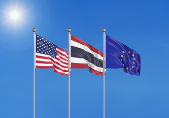 Three realistic flags of European Union, USA (United States of America) and Thailand. 3d illustration.