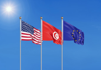 Three realistic flags of European Union, USA (United States of America) and Tunisia. 3d illustration.