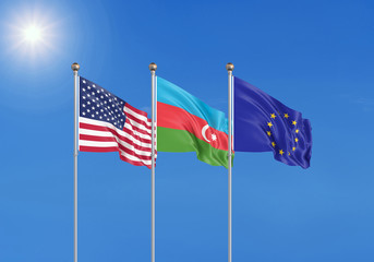 Three realistic flags of European Union, USA (United States of America) and Azerbaijan. 3d illustration.