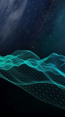 Abstract landscape on a dark background. Cyberspace grid. hi tech network. Outer space. Vertical orientation. Starry outer space texture. 3D illustration