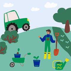 Hand-drawn illustrations, farm plant growing. Illustrations showing the planting of plants in the spring on the farm. People on a farm in boots. People in nature. Do not stay at home. Relax Unity with