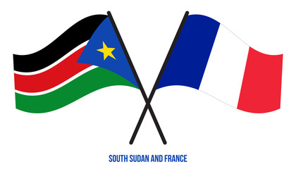 South Sudan and France Flags Crossed And Waving Flat Style. Official Proportion. Correct Colors