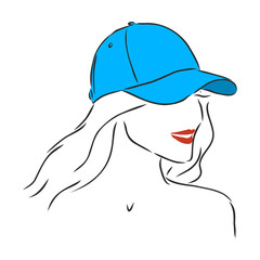 Isolated vector illustration. Pretty girl in a cap. Closeup female portrait. Hand drawn linear doodle sketch. Black silhouette on white background. beautiful girl in a cap, vector sketch illustration