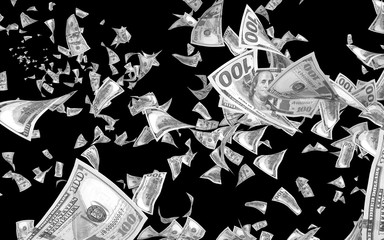 Flying dollars banknotes isolated on dark background. Money is flying in the air. 100 US banknotes new sample. Black and white style. 3D illustration