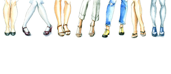 different women's legs in shoes, different poses, watercolor illustration, sketch style hand drawing