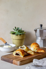 French croissants with chocolate filling. Baking. National cuisine. Breakfast. Vegetarian food.