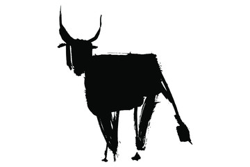 Ox, bull, cow on white background. Chinese happy new year 2021. Year of the white, metallic bull. Lunar New Year. Drawing bull, ox, cowhide ink