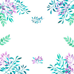 decorativ frame with watercolor leaves, tender pastel spring summer colors
