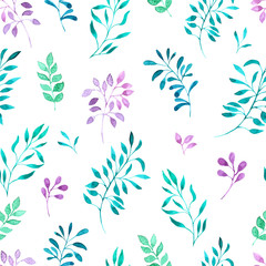  seamless pattern from watercolor leaves, tender pastel spring summer colors: blue, green, pink