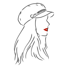 Isolated vector illustration. Pretty girl in a cap. Closeup female portrait. Hand drawn linear doodle sketch. Black silhouette on white background. beautiful girl in a cap, vector sketch illustration