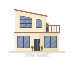 Vector illustration of modern big cottage house isolated. Concept idea of real estate in cartoon flat style. Design of residential two-floor building with huge windows and balcony. Family condominium