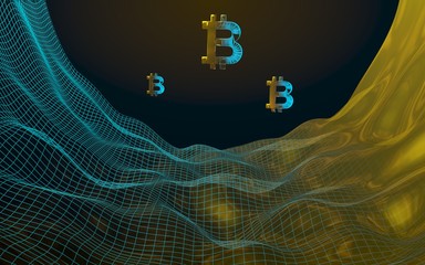 Digital currency, golden symbol Bitcoin on abstract dark background. Growth of the crypto currency market. Business, finance and technology concept. 3D illustration