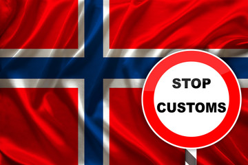 Obraz premium customs sign, stop, attention to the background of the silk national flag of Norway, the concept of border and customs control, violation of the state border, tourism restrictions