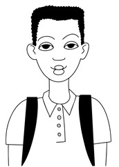 Portrait of a African Cute School boy Character Fashion black and white drawing line style vector illustration