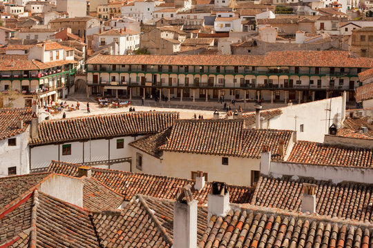 Chinchon, comarca de Las Vegas, Spain - An elevated view of the main square or Plaza Mayor at the small village of Chinchon.