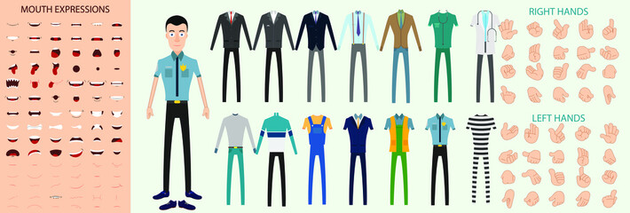 Police or Cop Character, with Hand Expression, Mouth Expression and Different Dress vector Illustration, artwork For info-graphics, 2D Animation, Motion-graphics