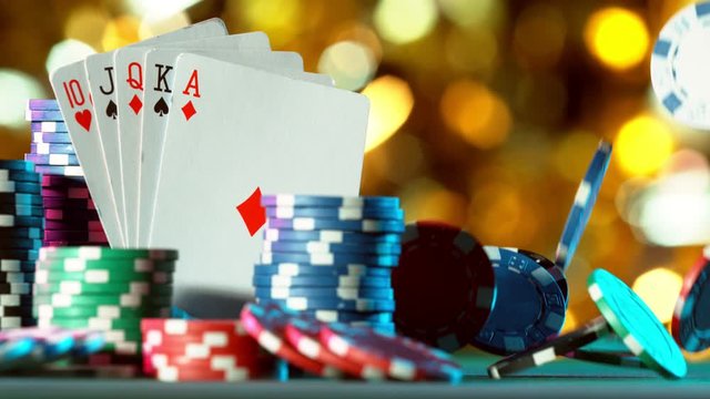 Super slow motion of falling poker chips on table. Filmed on high speed cinema camera, 1000fps.