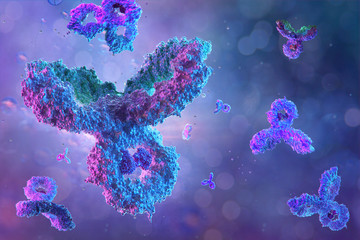 Antibodies, immunoglobulin Ig proteins 3D medical background. Immune system, IgM, IgG, IgE, IgD, IgA antibodies glycoproteins, specific antigens against coronavirus sars-cov-2 covid-19 influenza virus - obrazy, fototapety, plakaty