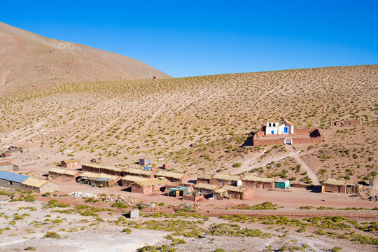 Little town called Machuca and church, in the Chilean Altiplano, Atacama Desert, Chile, South America