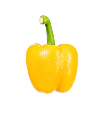 Vegetable yellow bell pepper with water drops on a white background isolate.