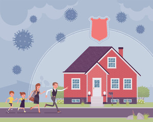 Obraz na płótnie Canvas Safe house, stay home, self-isolate for family protection. Parents, children running to protect, quarantine, distancing to prevent spread of viruses, infections. Vector flat style cartoon illustration