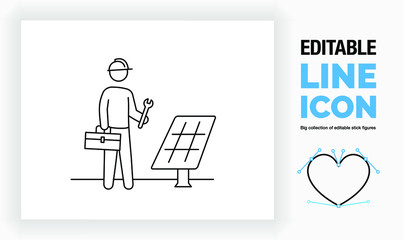 Editable line icon of a stick figure installing or repairing a solar panel, part of a huge set of stick figures! 