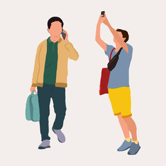 Vector colourful man with phone take photo and talking