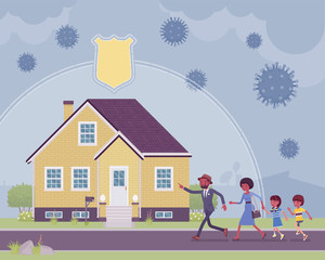 Obraz na płótnie Canvas Safe house, stay home, self-isolate for black family protection. Parents and children running in quarantine, distancing to prevent spread of viruses, infections. Vector flat style cartoon illustration