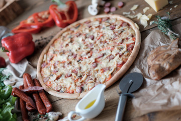 pizza, cheese, pepperoni, salami, sausage, meal, food, dough, delicious, italian, dinner, fresh, lunch, hot, baked, sauce, tasty, traditional, mozzarella, homemade, vegetable, wooden, table, gourmet, 